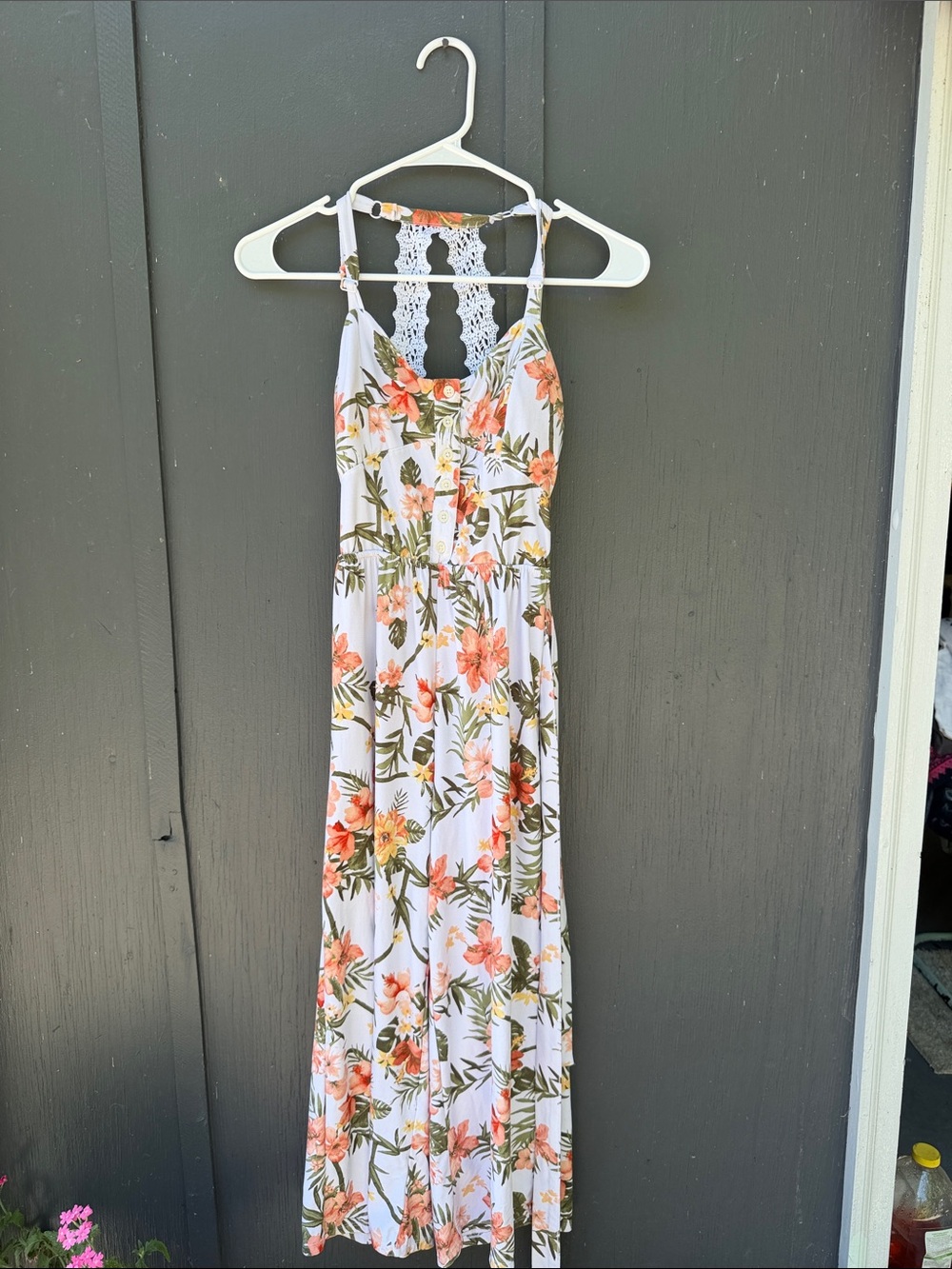 No Boundaries White Floral Maxi One-Piece with Crochet Back